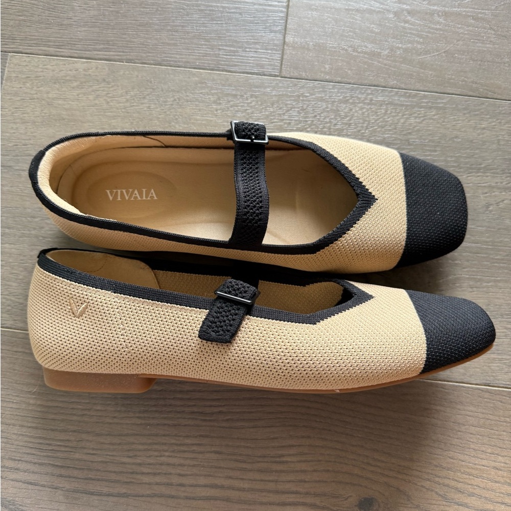 Vivaia Margot Mary Jane women’s flats- nude peach and black -square toe- size 38